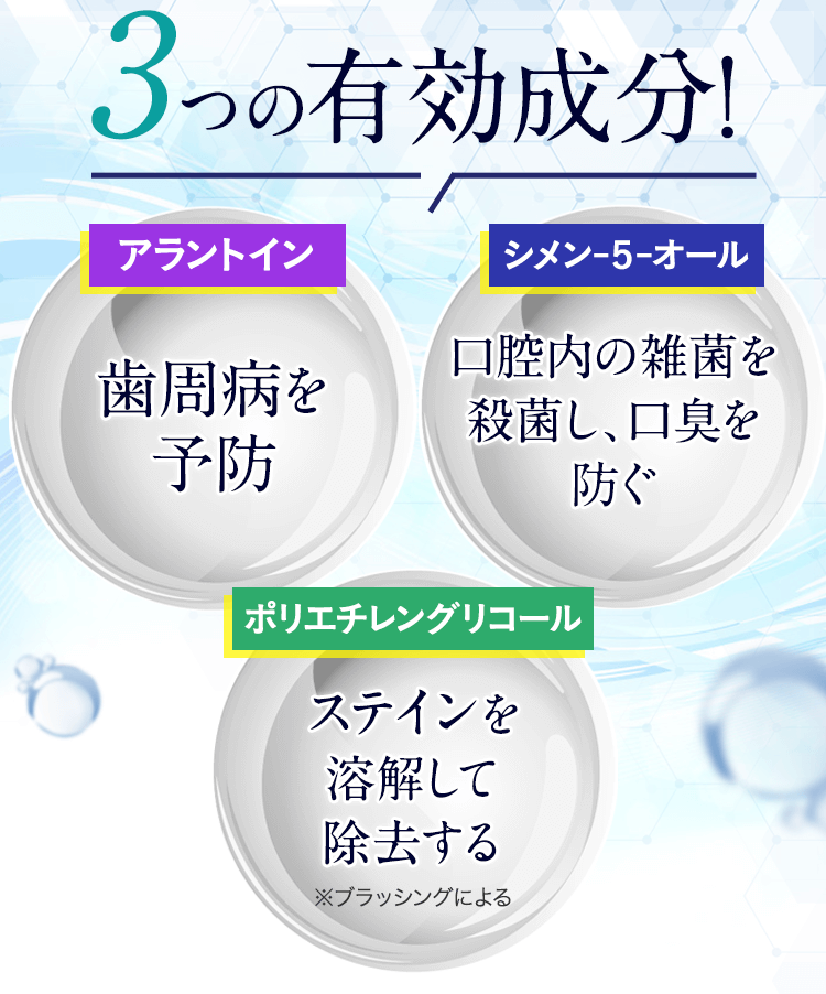 3つの有効成分 アラントイン、シメン-5-オール、ポリエチレングリコール