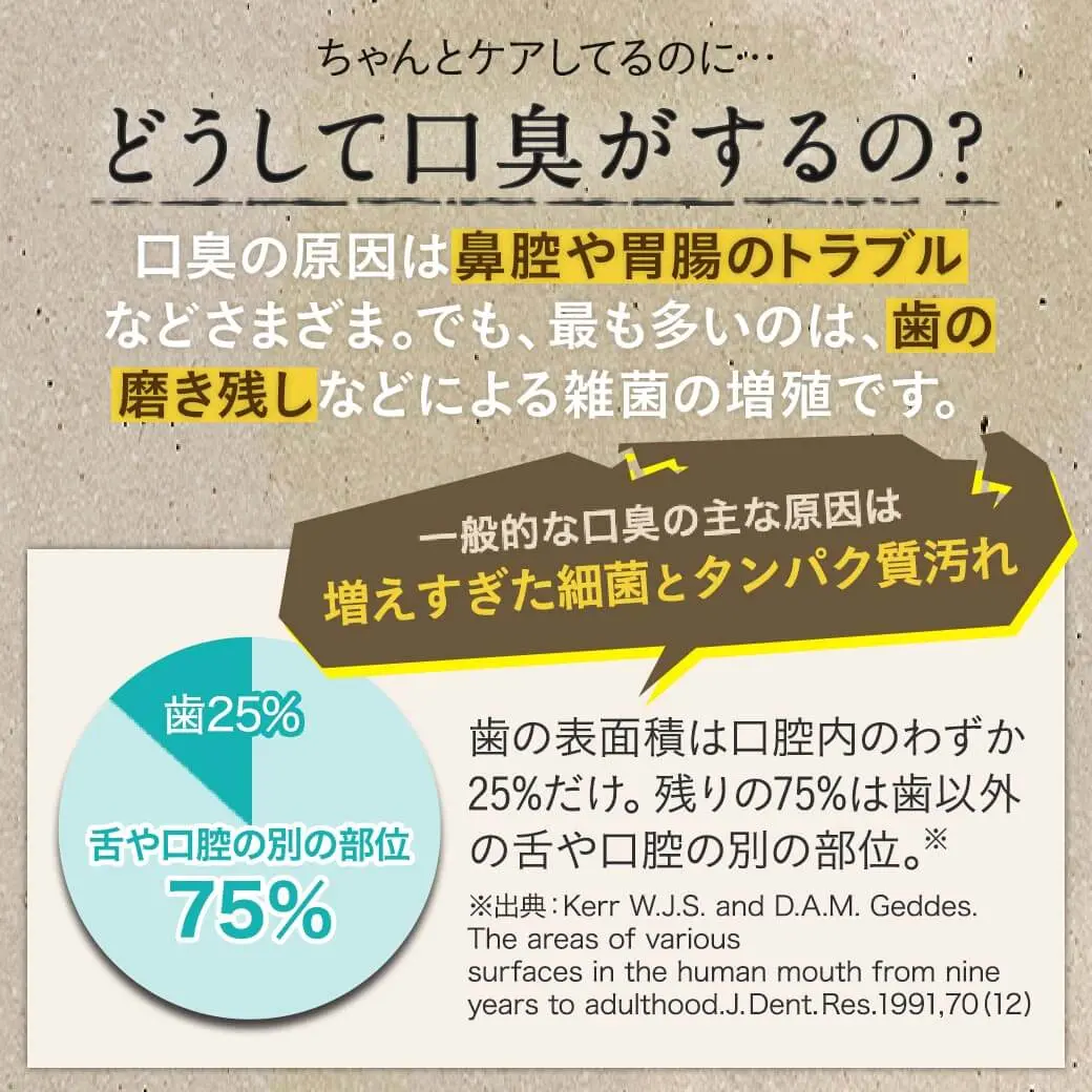口臭の主な原因は細菌とタンパク質汚れで歯以外の舌や口腔が75％を占める