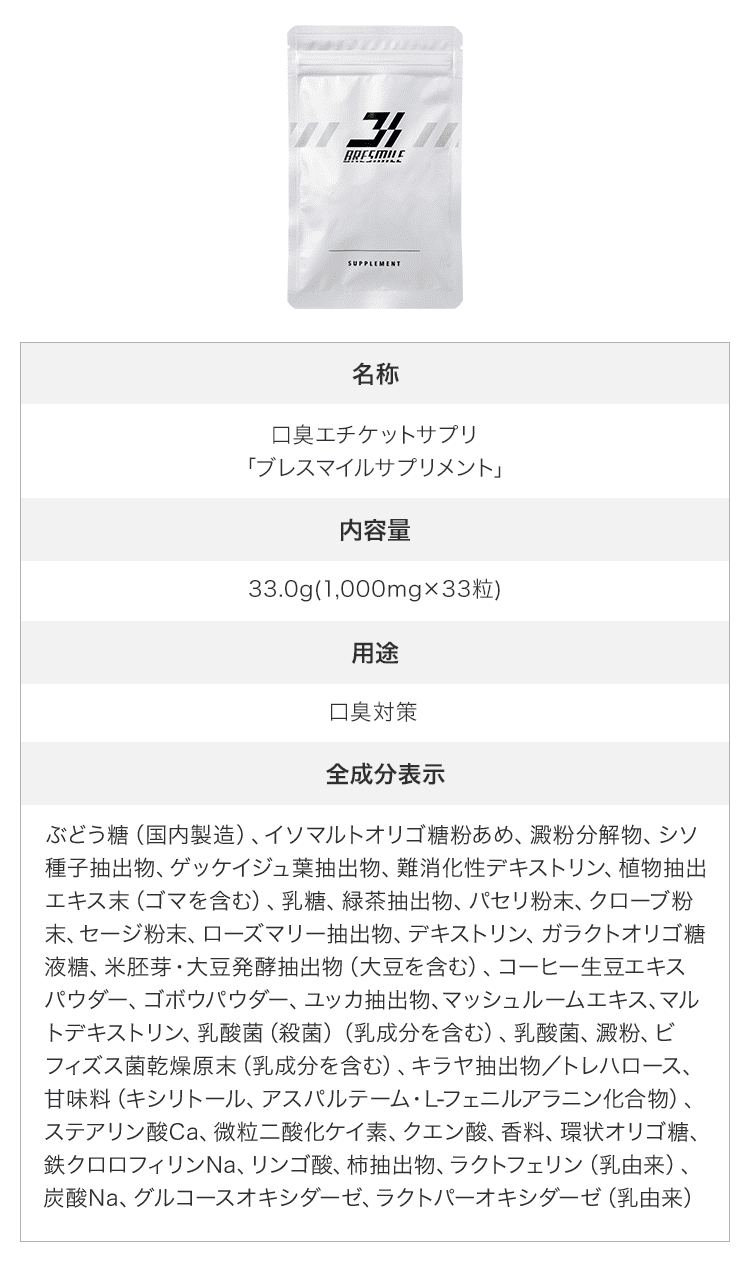 口臭エチケットサプリ「ブレスマイルサプリメント」