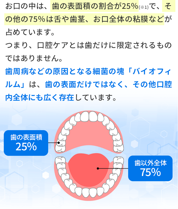 歯周病などの原因となる細菌のかたまり「バイオフィルム」は、歯の表面だけではなく、その他口腔内全体にも広く存在しています。